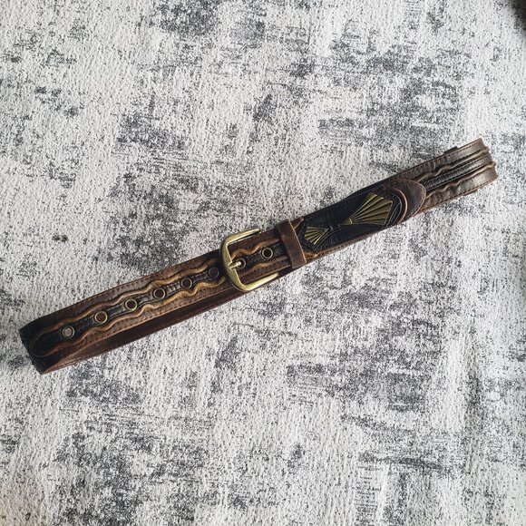 45" Custom Made Hand Crafted Brown & Tan Leather Tooled Belt - Picture 5 of 13